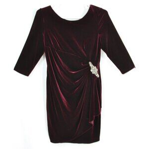 Alex Evenings Velvet Velour Rhinestone Party Cocktail Evening Dress Maroon 16